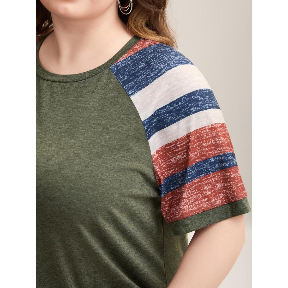 Plus Size Striped Raglan Sleeve Plain T-Shirt ArmyGreen Women Casual Contrast Round Neck Everyday-Casual T-shirts BloomChic 30/6X Product Image
