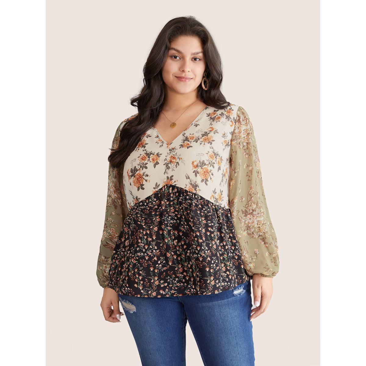 Plus Size Beige Chiffon Contrast Ditsy Floral Patchwork Blouse Women Vacation Long Sleeve V-neck Vacation Blouses BloomChic 22-24/3X Product Image