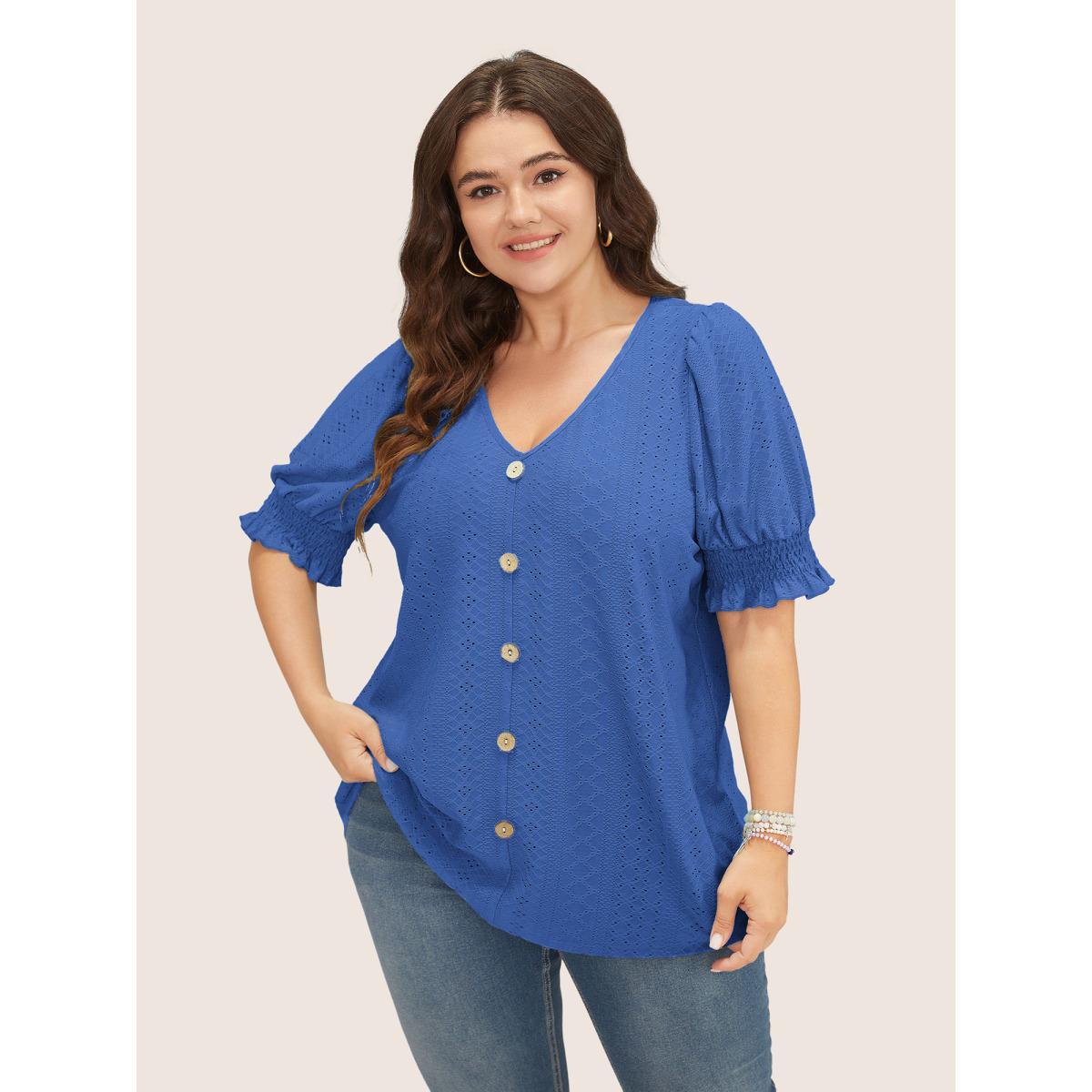 Plus Size Plain Broderie Anglaise Shirred Puff Sleeve Button Detail T-shirt Blue Women Casual Button Plain V-neck Everyday T-shirts BloomChic 14-16/1X Product Image