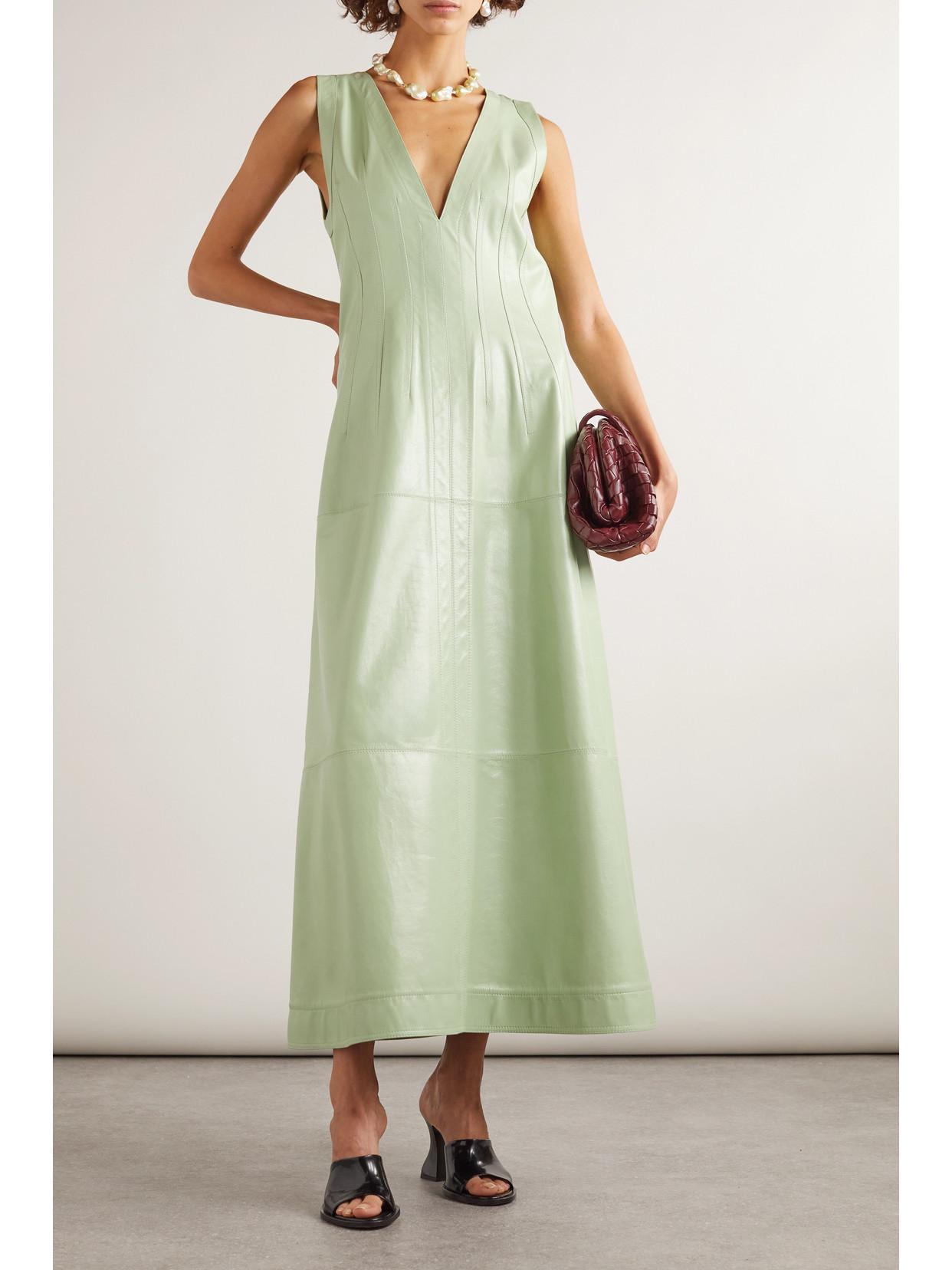 BOTTEGA VENETA Shiny Leather Dress With Fringes Detail In Green Product Image