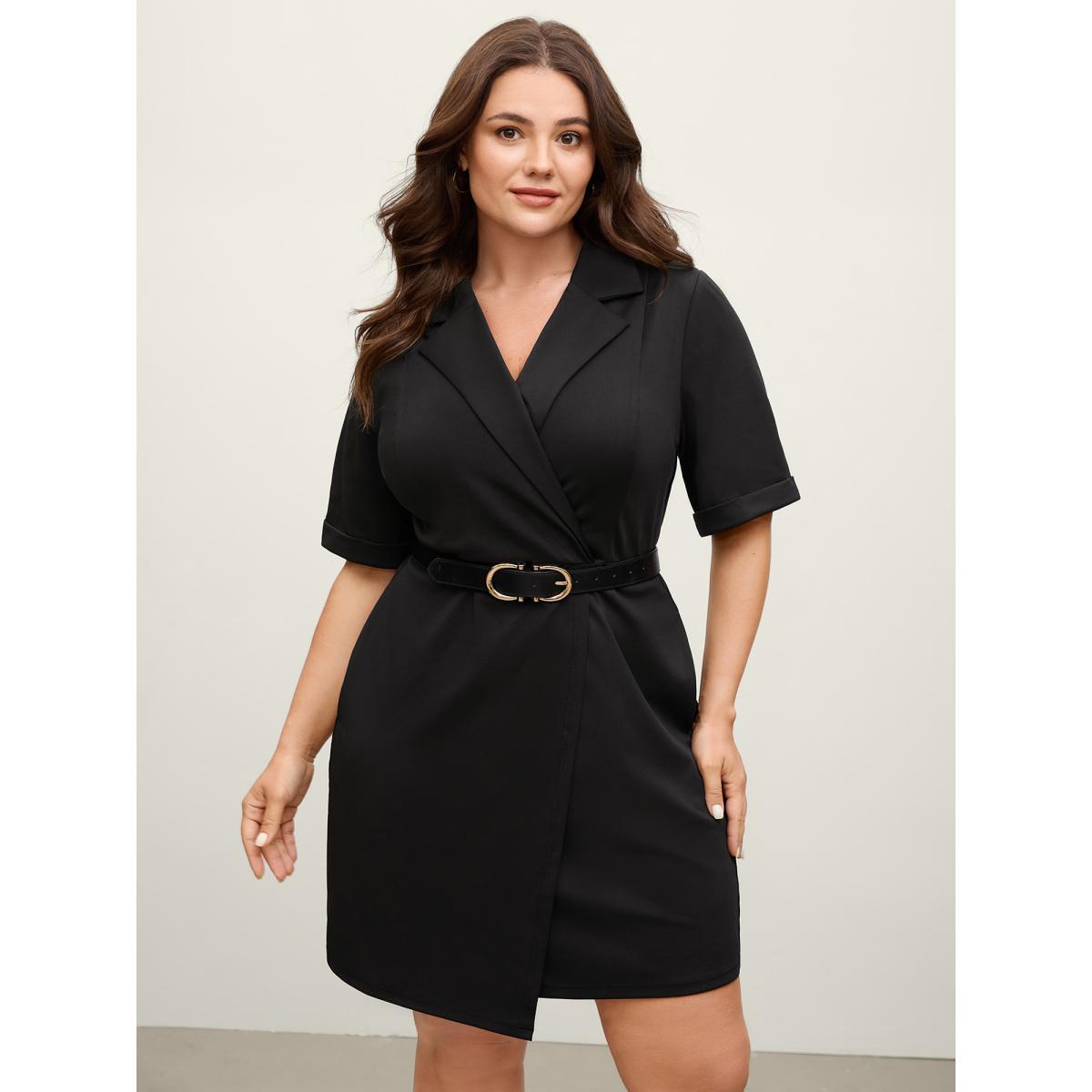 Plus Size Stretchy Blazer Collar Belted Knee-Length Dress Black Women Suit Collar Half Sleeve Curvy BloomChic 22-24/3X Product Image