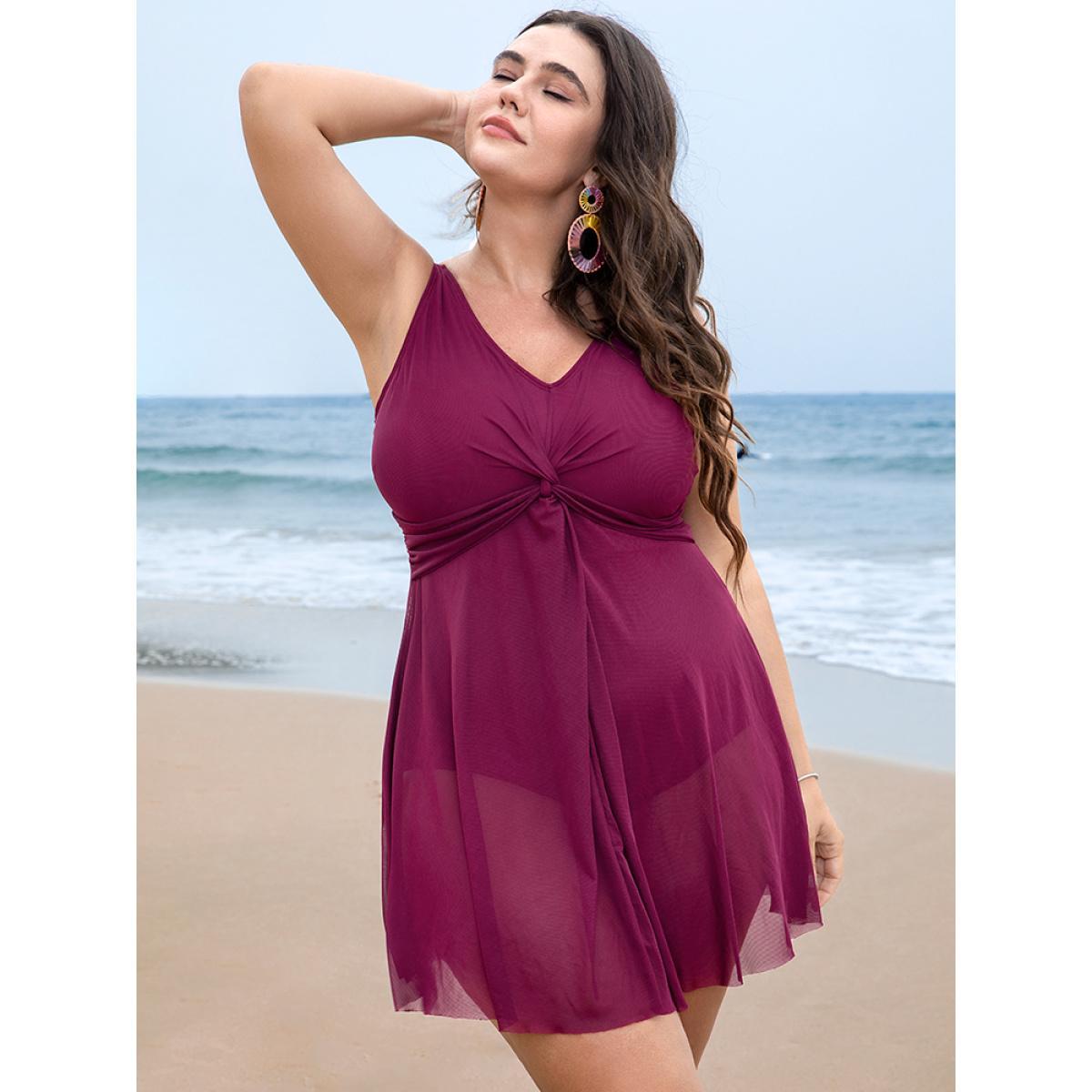 Plus Size Adjustable Straps Mesh Flutter Hem Twist Swim Dress Women's Swimwear RedViolet Vacation Bodycon V-neck High stretch Curve Swim Dresses BloomChic 10/M Product Image