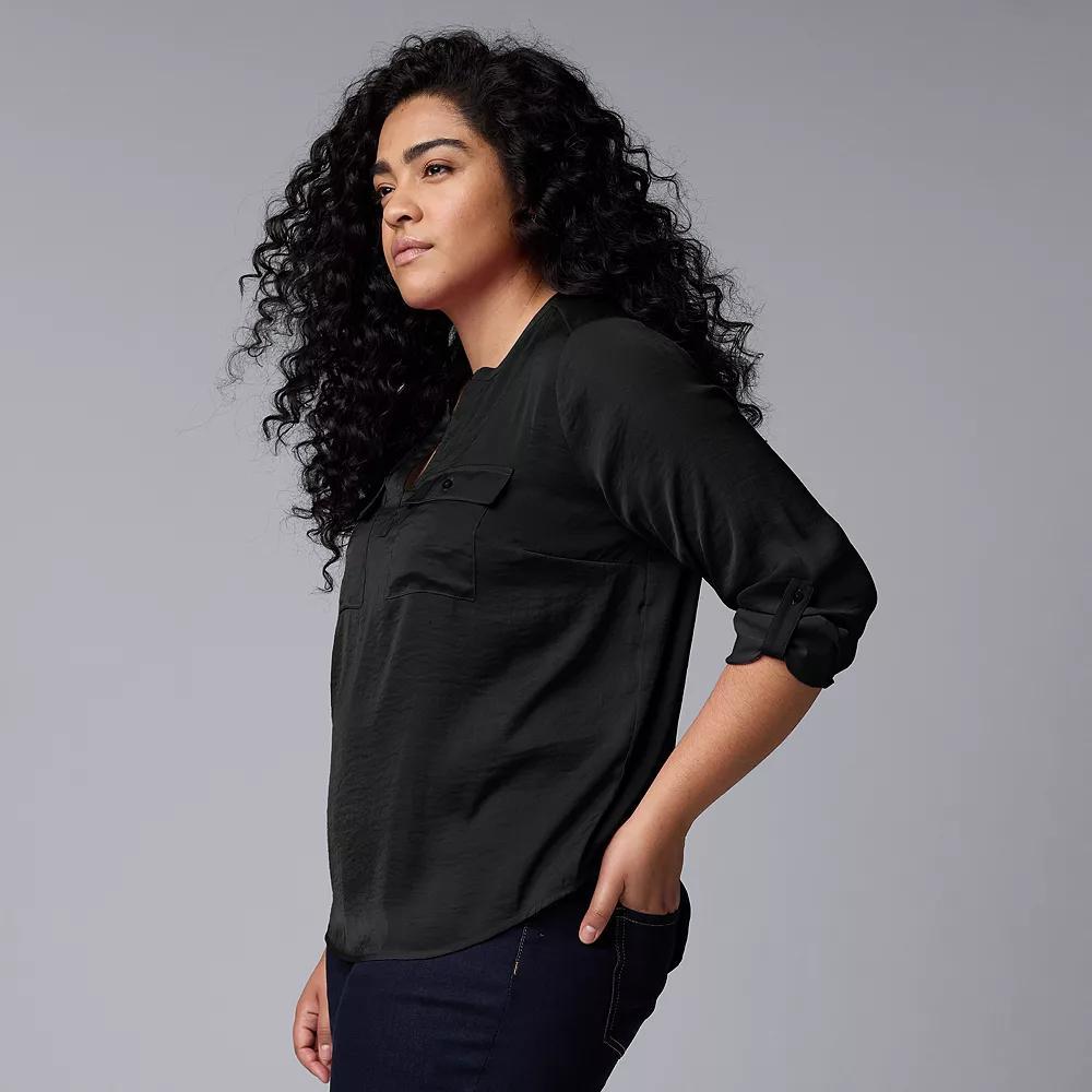 Plus Size Petite Simply Vera Vera Wang Roll-Tab Popover Blouse, Women's, Size: 3XL, Black Product Image