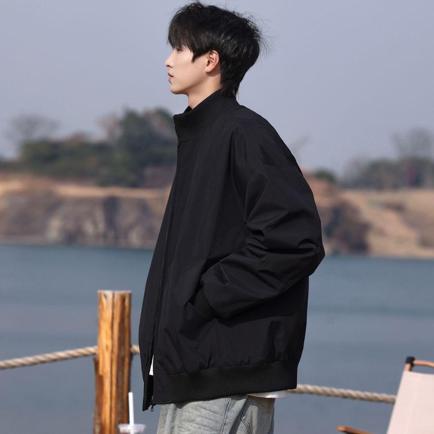 Stand Collar Plain Zip Jacket Product Image