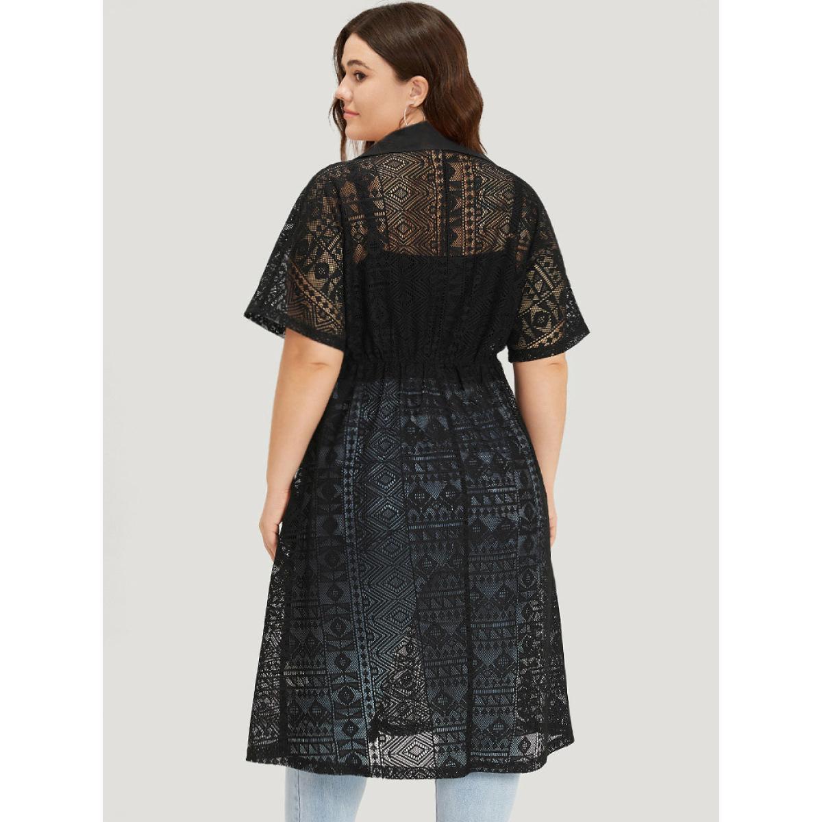 Plus Size Plain Shirt Collar Open Front Button Through Eyelet Lace Kimono Women Black Vacation Gathered Dailywear Kimonos BloomChic 26/4X Product Image
