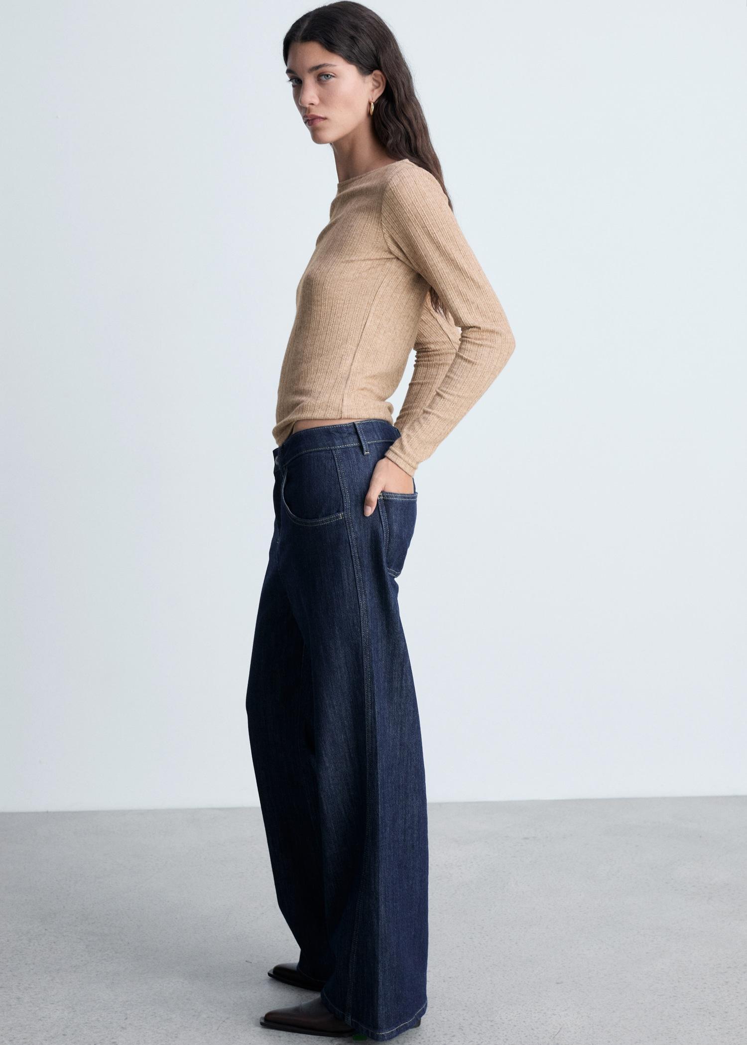 Long-sleeved pointelle t-shirt - Women | MANGO USA Product Image