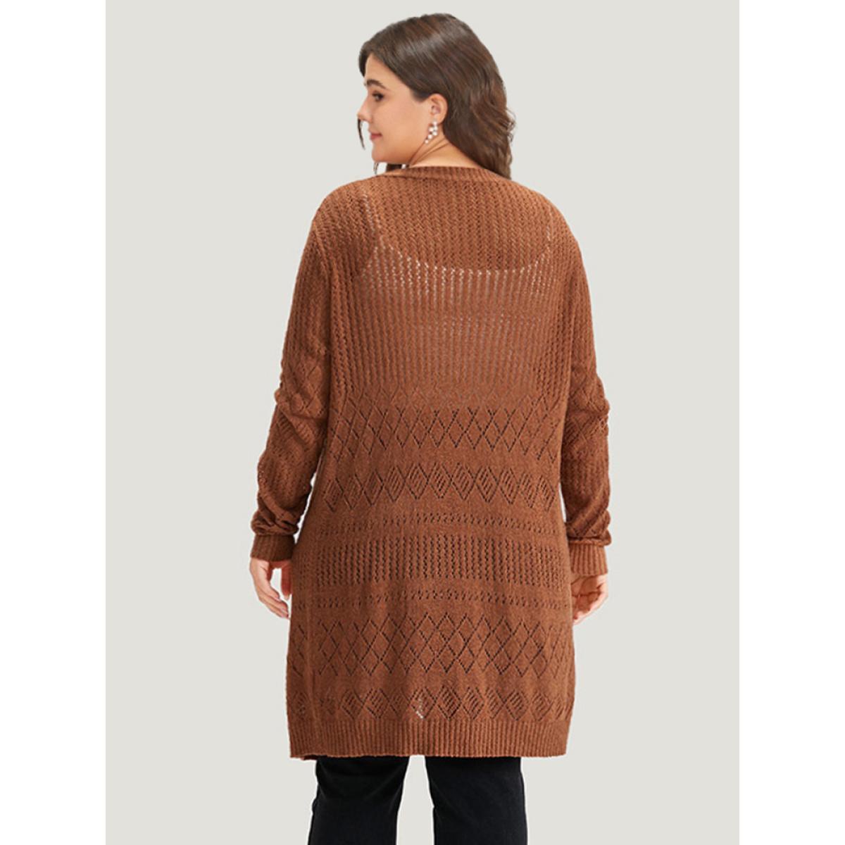 Plus Size Solid Geometric Hollow Out Open Front Cardigan Chocolate Women Casual Long Sleeve Dailywear Cardigans BloomChic 30/6X Product Image