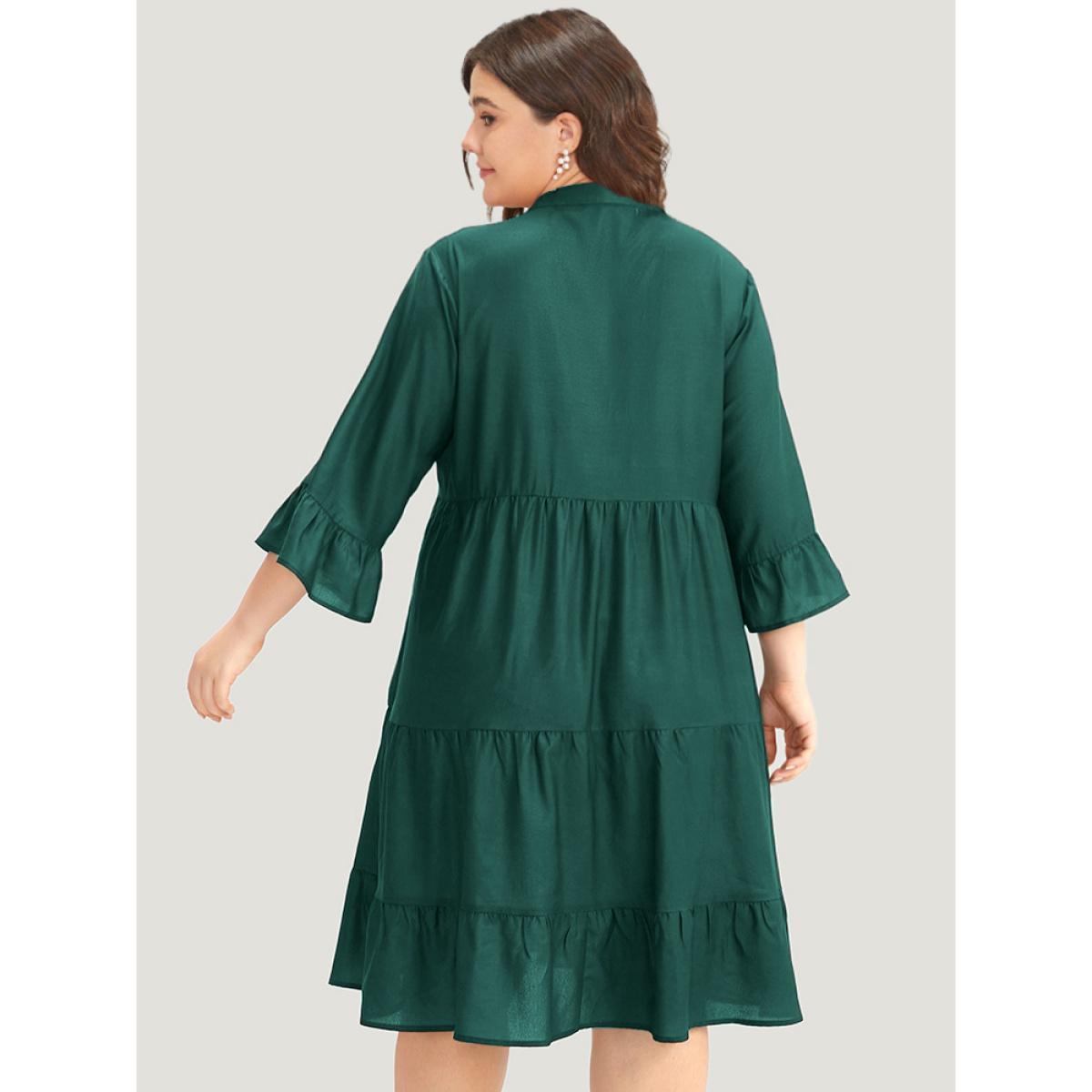 Plus Size Floral Print Ruffles Plicated Detail Dress Teal Women Casual Printed Notched collar Elbow-length sleeve Curvy Midi Dress BloomChic 12/L Product Image