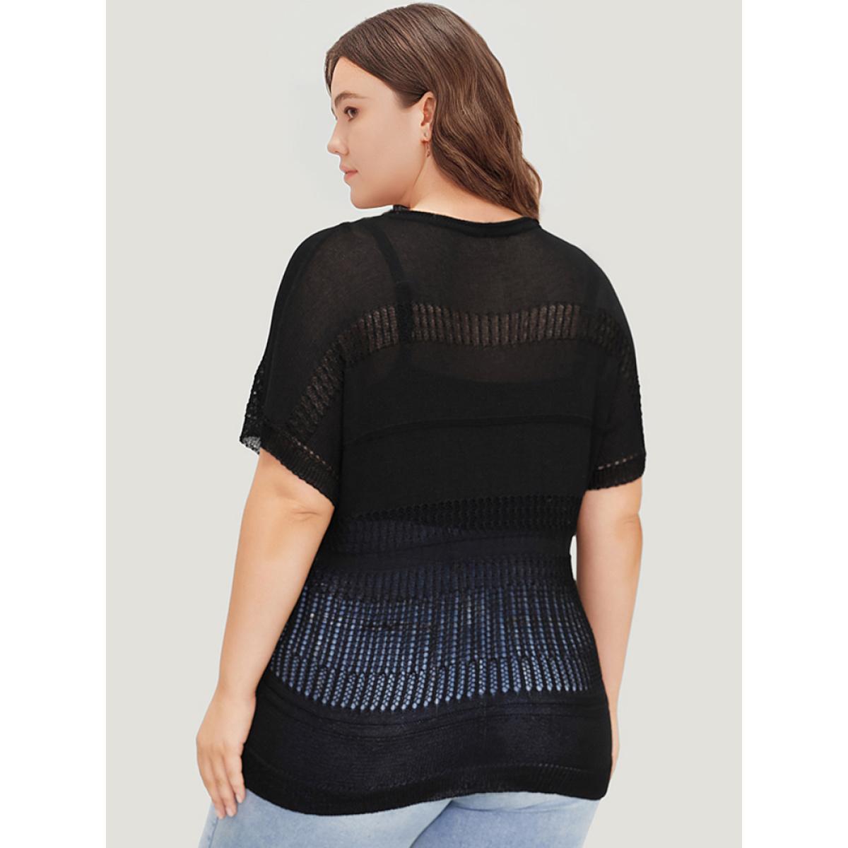 Plus Size Plain Geometric Eyelet Patchwork Batwing Sleeve Pullover Black Women Casual Loose Short sleeve Round Neck Dailywear Pullovers BloomChic 14-16/1X Product Image