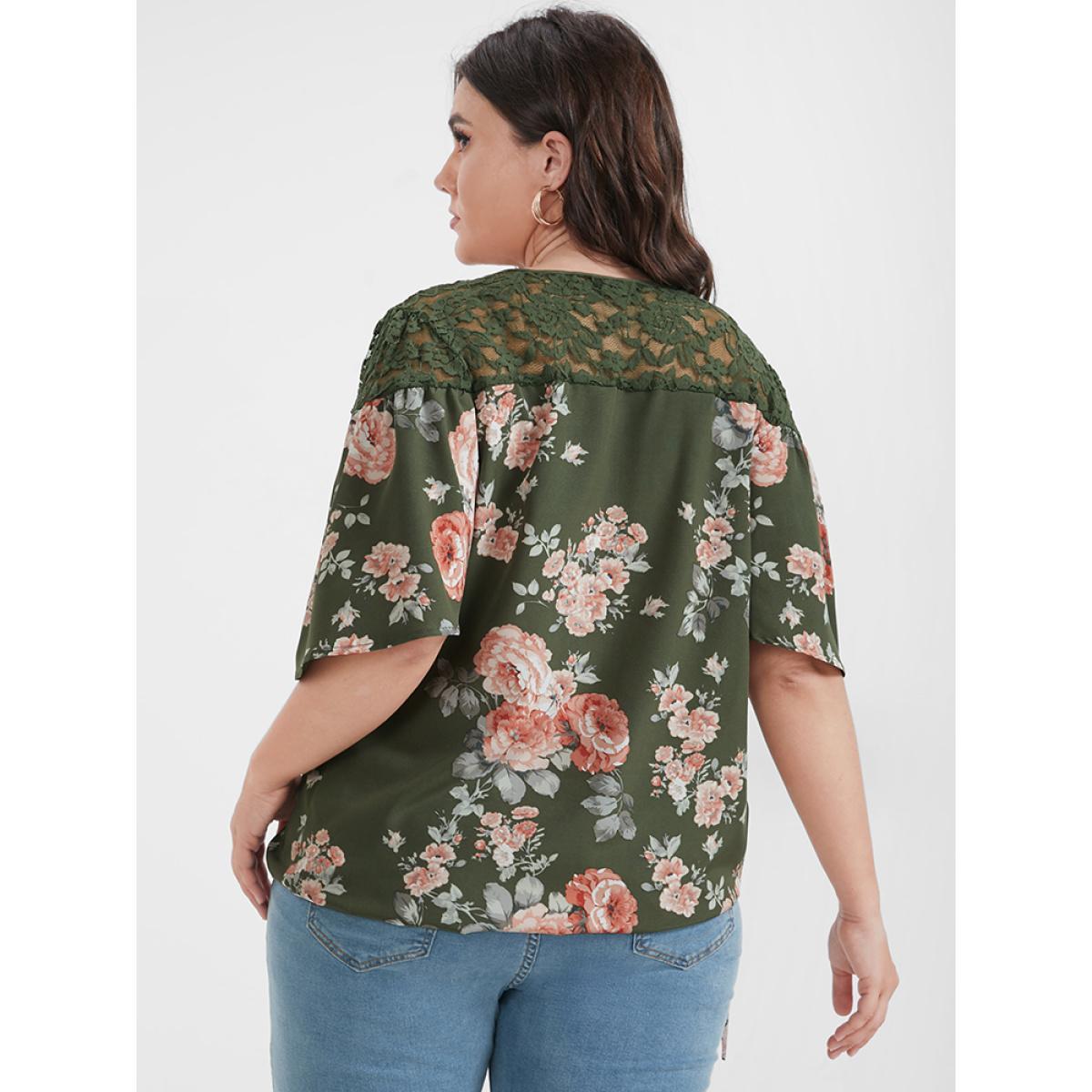 Plus Size Green Floral Contrast Lace Knotted Side Ruffled Blouse Women Elegant Half Sleeve V-neck Dailywear Blouses BloomChic 30/6X Product Image