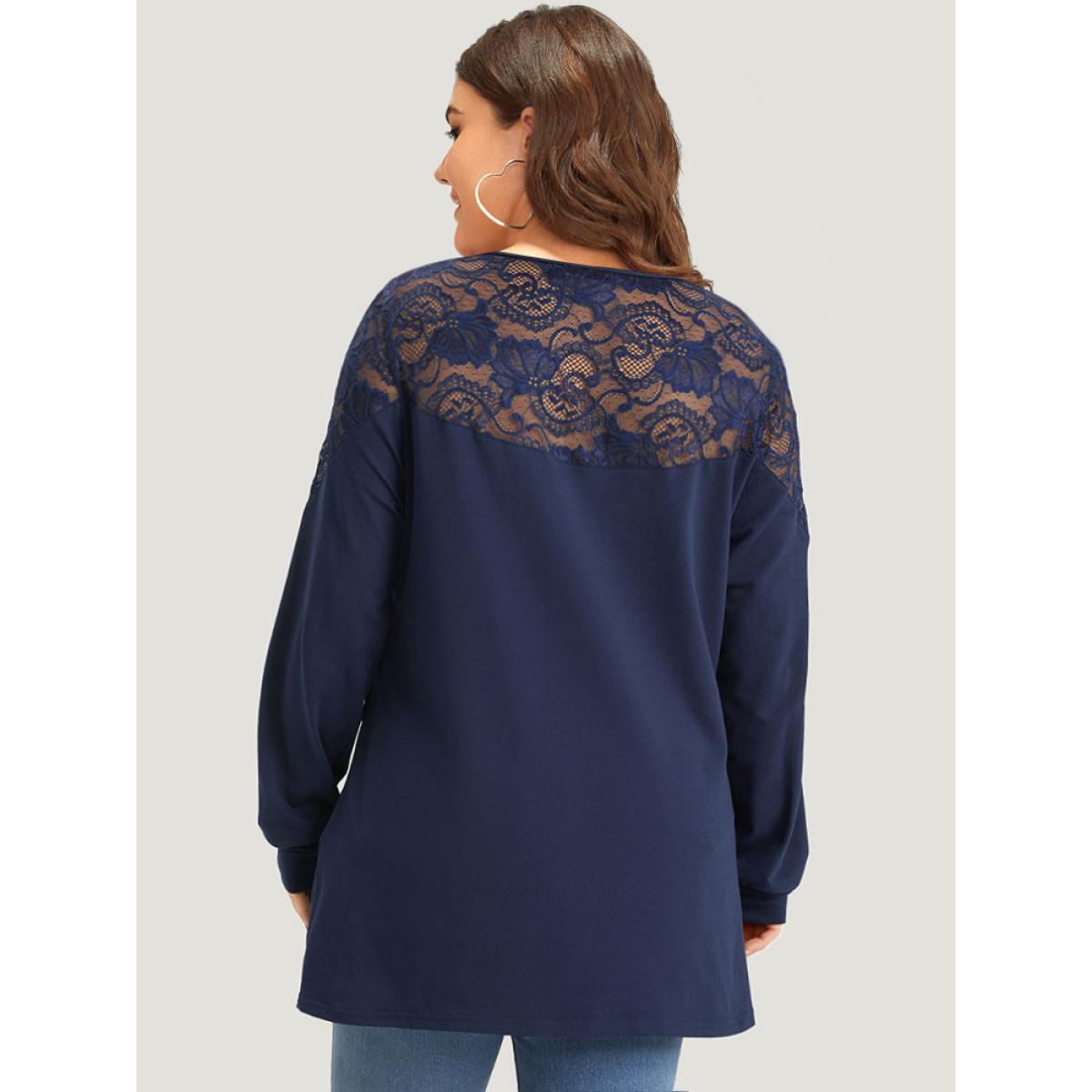 Plus Size Silhouette Floral Lace Mesh Patchwork Elastic Cuffs Sweatshirt Women Indigo Elegant Elastic cuffs Round Neck Dailywear Sweatshirts BloomChic 10/M Product Image