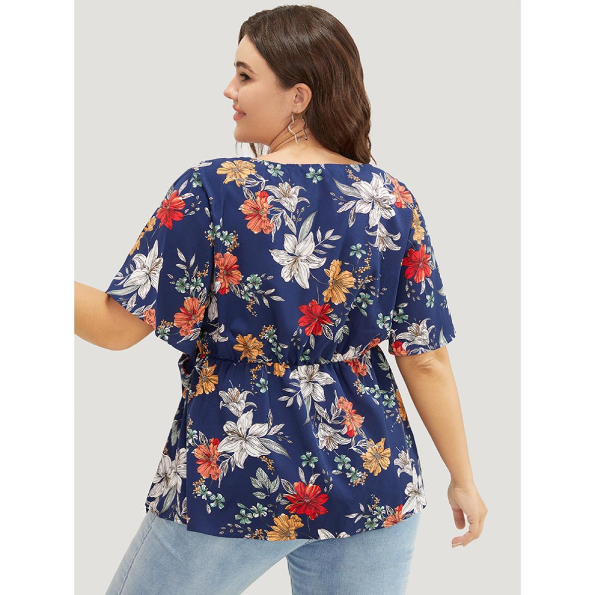 Plus Size Indigo Floral Ruffle Trim Knot Side Wrap Blouse Women Elegant Short sleeve V-neck Dailywear Blouses BloomChic 14-16/1X Product Image