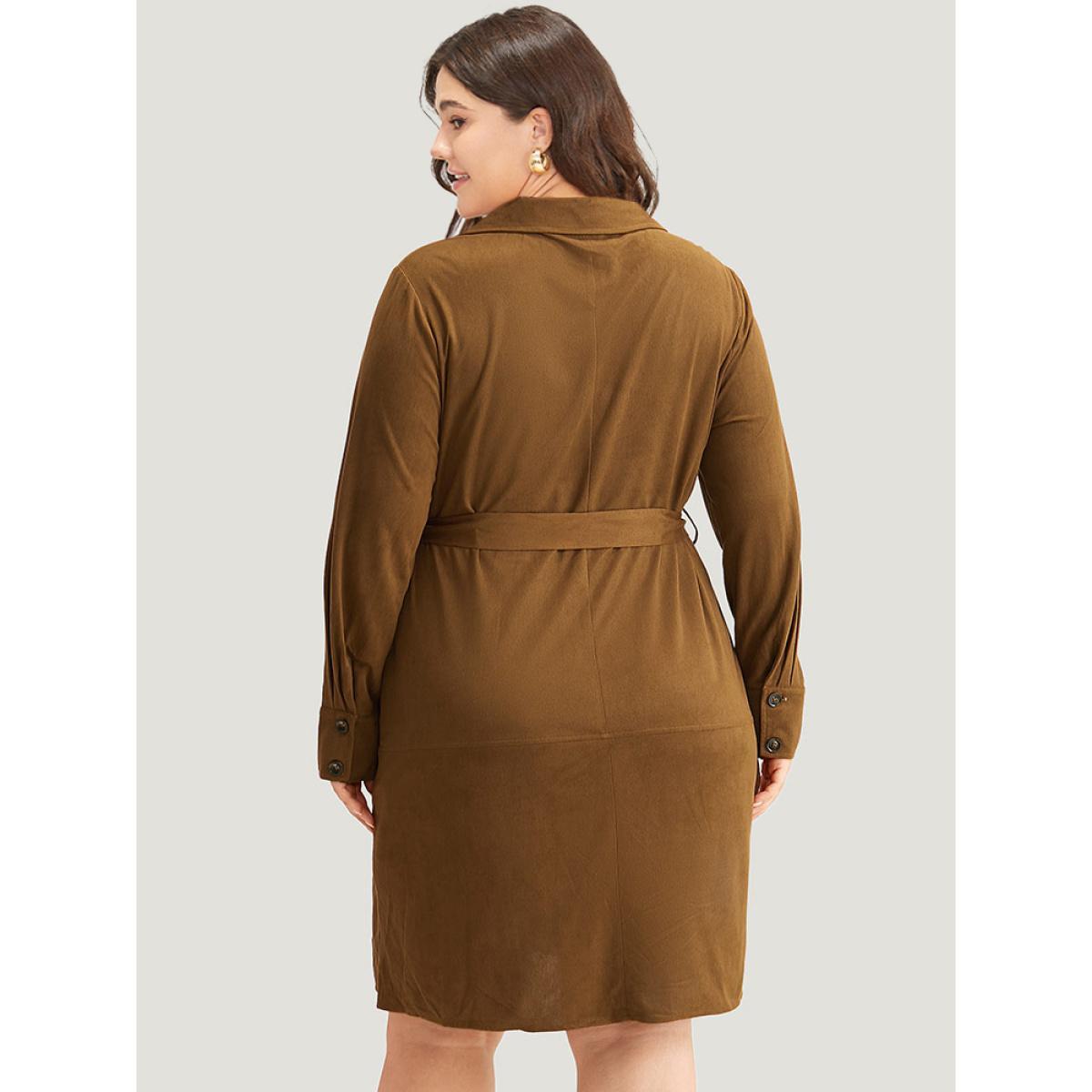 Plus Size Plain Split Hem Button Through Belted Dress Bronze Women Office Plain Shirt collar Long Sleeve Curvy Knee Dress BloomChic 18-20/2X Product Image