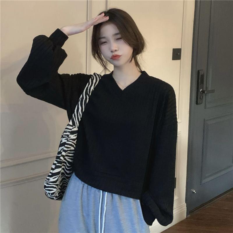 Drop Shoulder V-Neck Plain Ribbed Knit Sweater Product Image