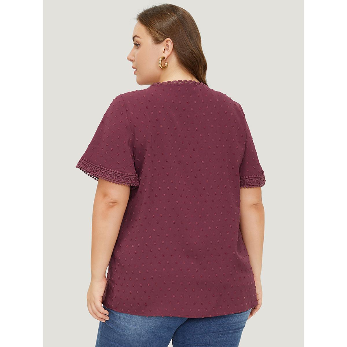 Plus Size RedViolet Polka Dot Gathered Lace Blouse Women Elegant Short sleeve Round Neck Dailywear Blouses BloomChic 12/L Product Image