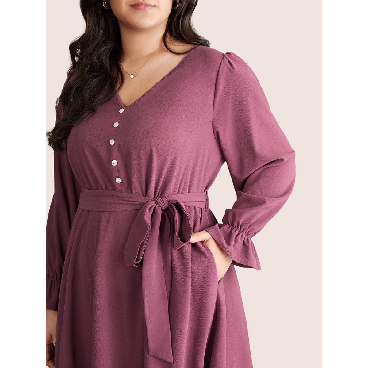 Plus Size Button Detail Belted Ruffle Layered Hem Dress Mauve Women Work From Home Plain V-neck Long Sleeve Curvy Midi Dress BloomChic 26/4X Product Image