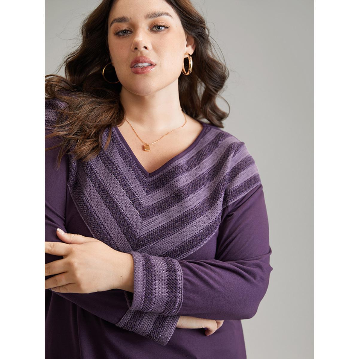 Plus Size V Neck Solid Patchwork Knit T-shirt Purple Women Casual Patchwork Plain V-neck Everyday T-shirts BloomChic 30/6X Product Image