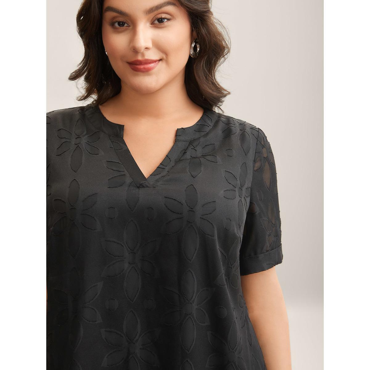 Plus Size Black Floral Cut Print Notched Neck Blouse Women Short sleeve Notched collar Work Blouses BloomChic 26/4X Product Image