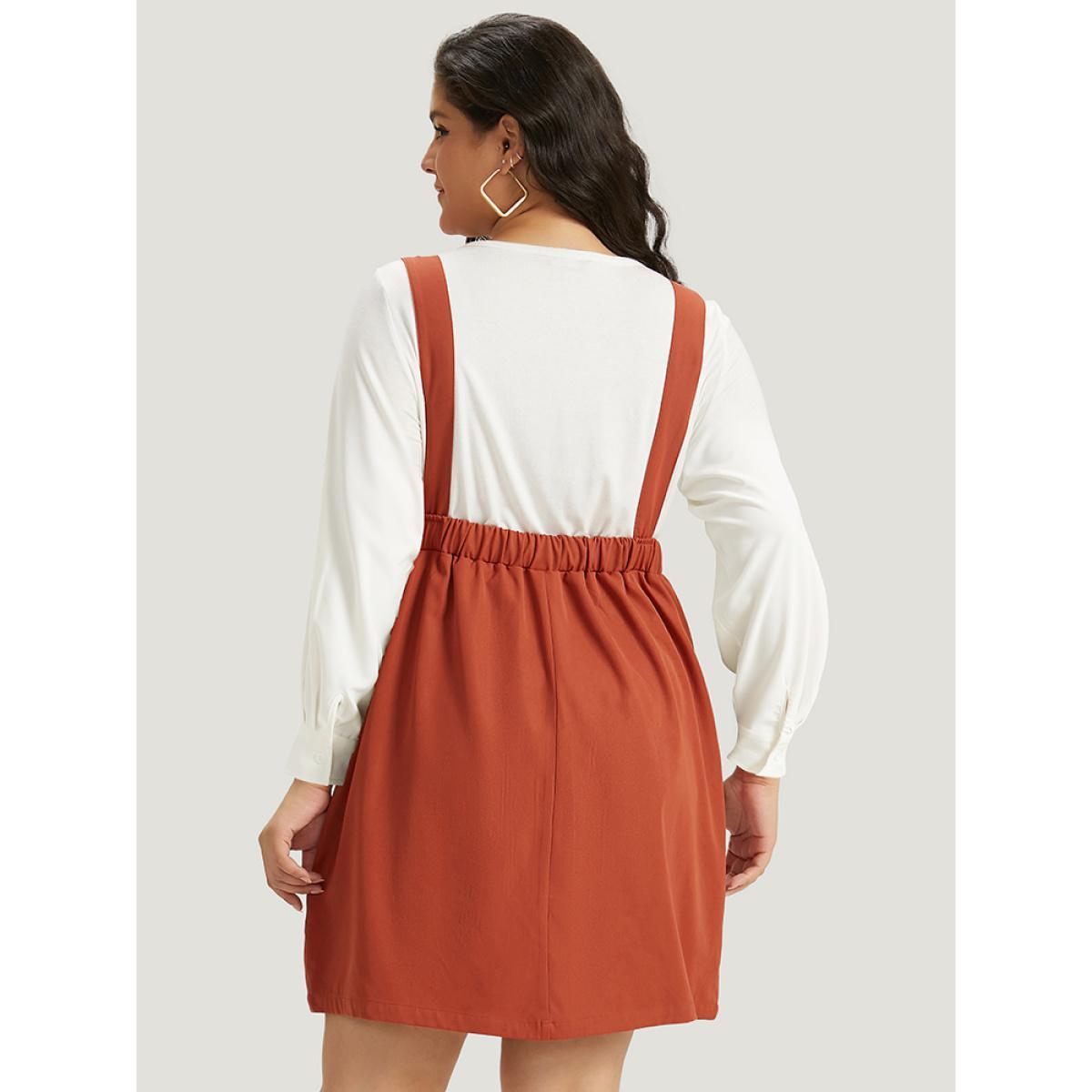 Plus Size Plain Button Up Pocket Suspender Skirt Brown Women Casual Adjustable Straps Spaghetti Strap Sleeveless Curvy Knee Dress BloomChic 10/M Product Image