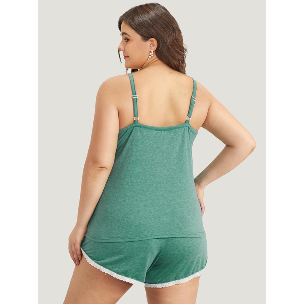 Plus Size Plain Guipure Lace Sleep Cami Top Women Emerald Elegant Plain Patchwork Spaghetti Strap Loungewear BloomChic 26/4X Product Image