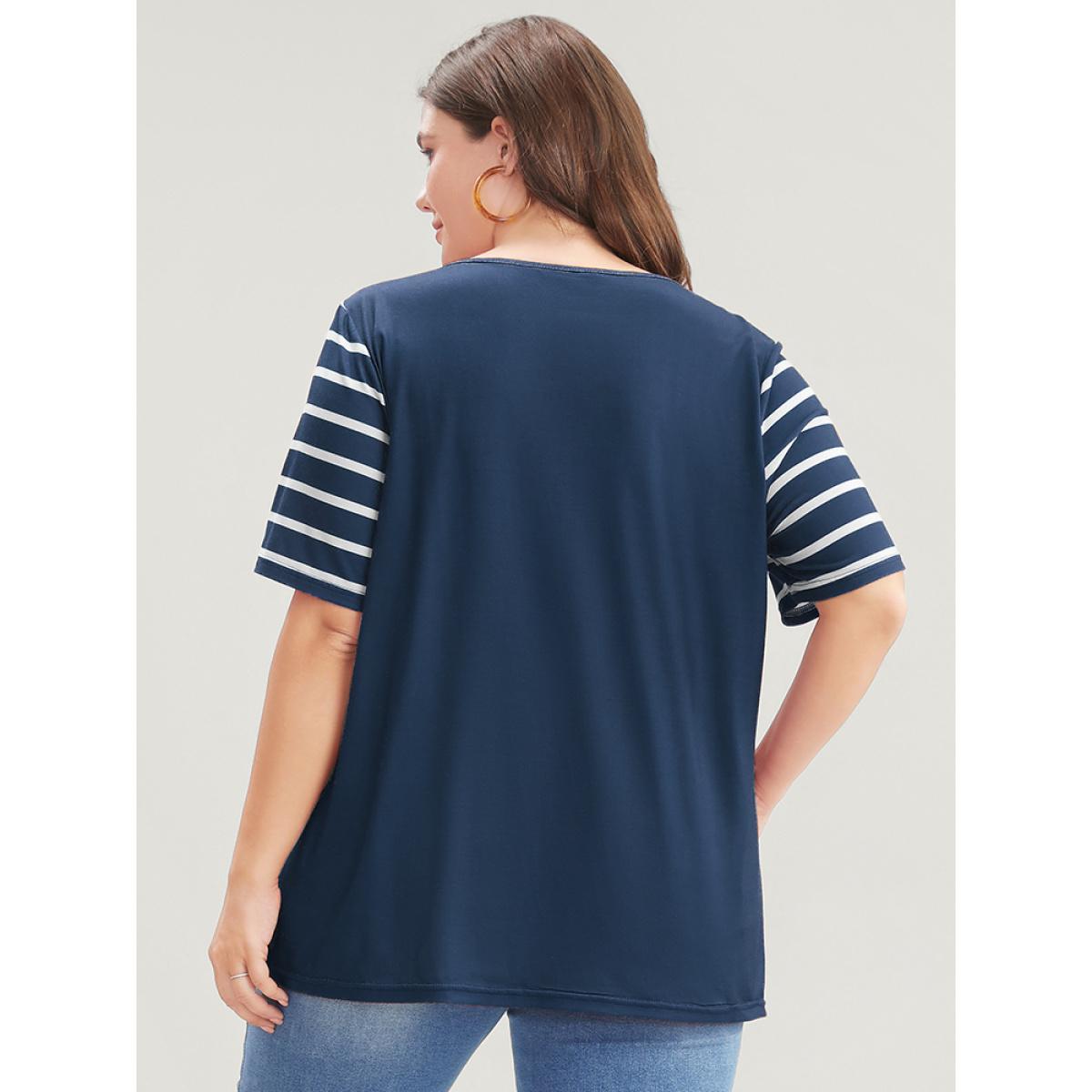 Plus Size Striped Contrast Round Neck T-shirt DarkBlue Women Casual Striped Round Neck Dailywear T-shirts BloomChic 12/L Product Image