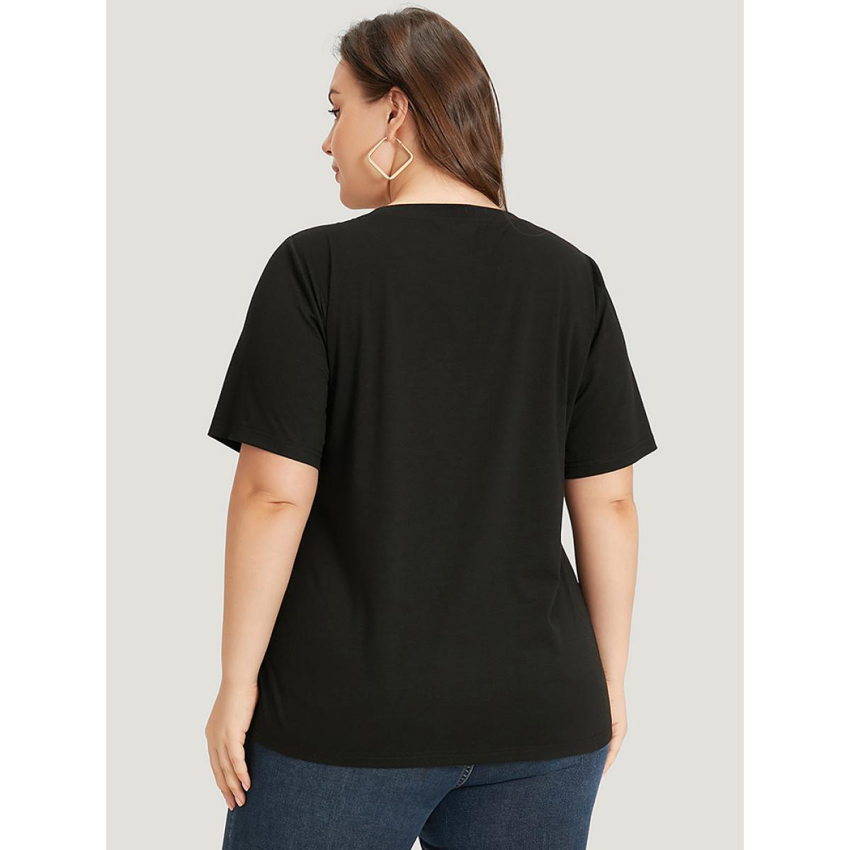 Plus Size Letter Embroidered V Neck T-shirt Black Women Casual Embroidered Letter Dailywear T-shirts BloomChic 30/6X Product Image