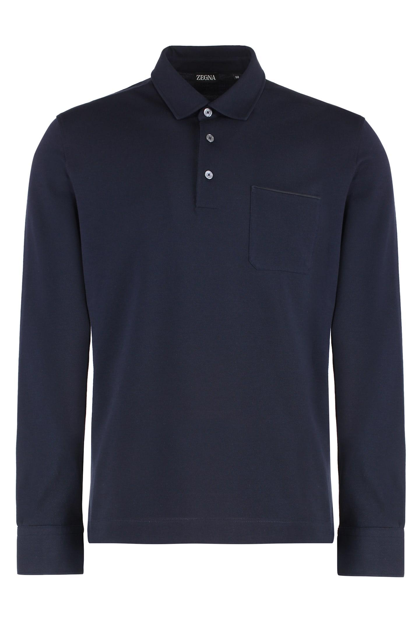 ZEGNA Long Sleeve Cotton Polo Shirt In Blue Product Image