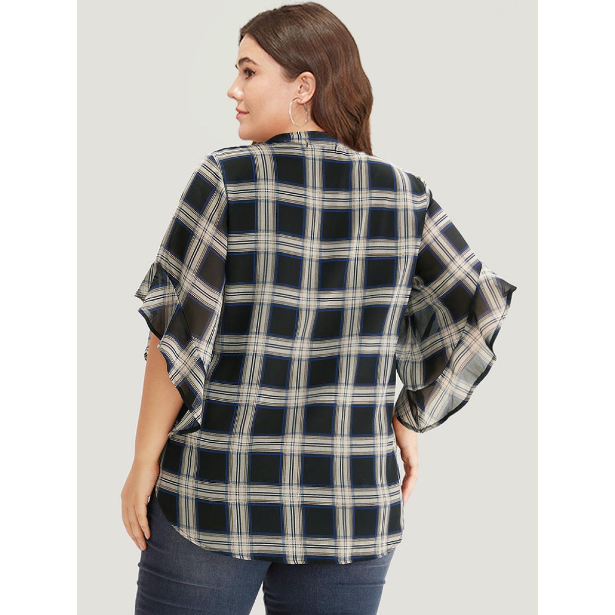 Plus Size Black Plaid Button Up Ruffles Bell Sleeve Blouse Women Office Half Sleeve Shirt collar Work Blouses BloomChic 26/4X Product Image