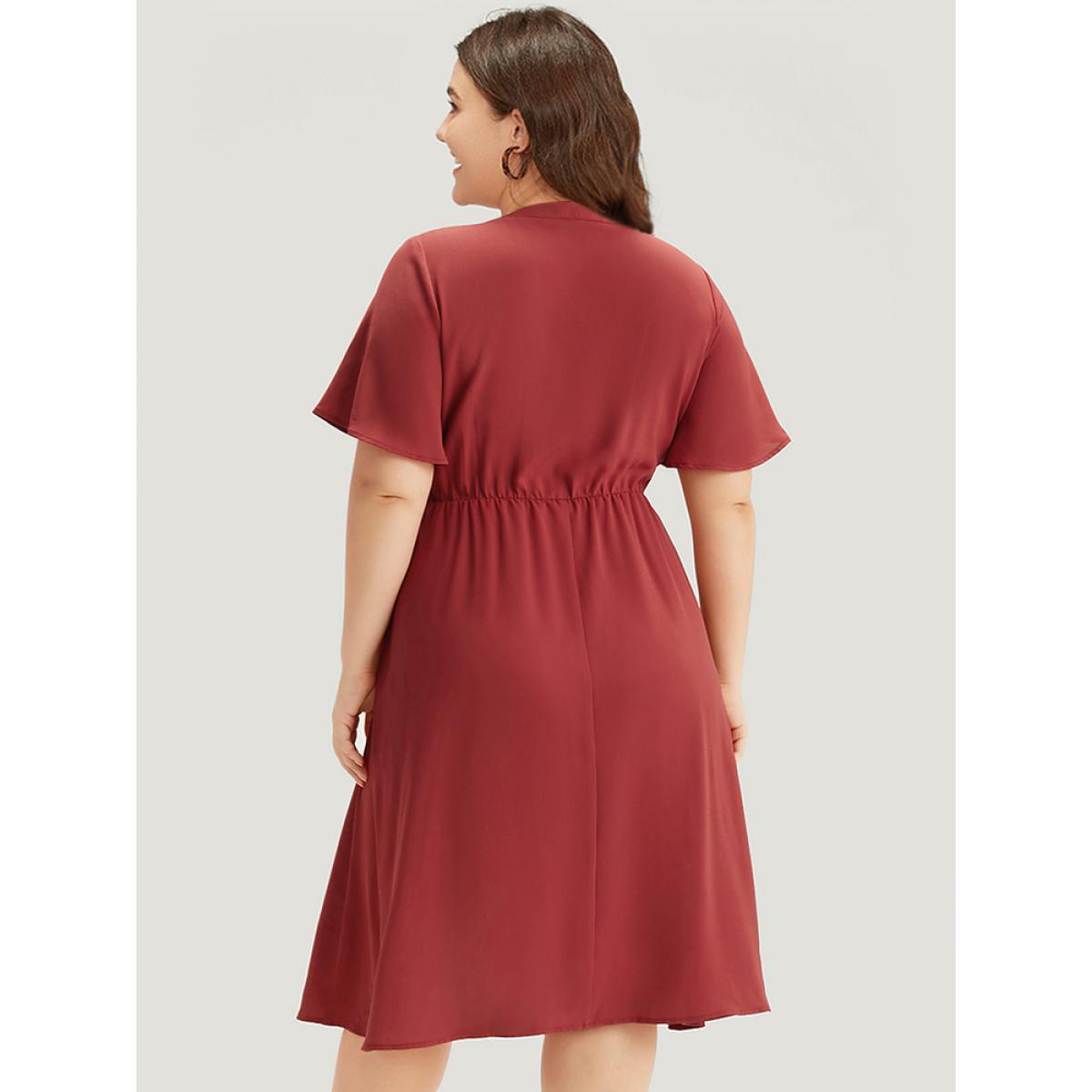 Plus Size Plain Notched Shirred Button Through Ruffle Sleeve Dress Rust Women Elegant Plain Notched collar Short sleeve Curvy Midi Dress BloomChic 10/M Product Image