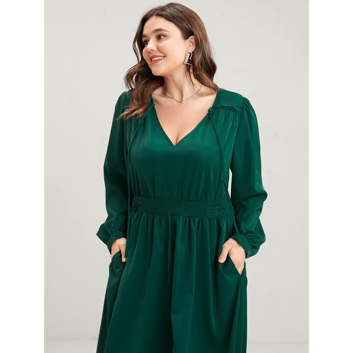 Plus Size Solid Pocket Shirred Tie V Neck Ruffle Hem Dress DarkGreen Women Elegant Cross straps V-neck Long Sleeve Curvy Midi Dress BloomChic 14-16/1X Product Image
