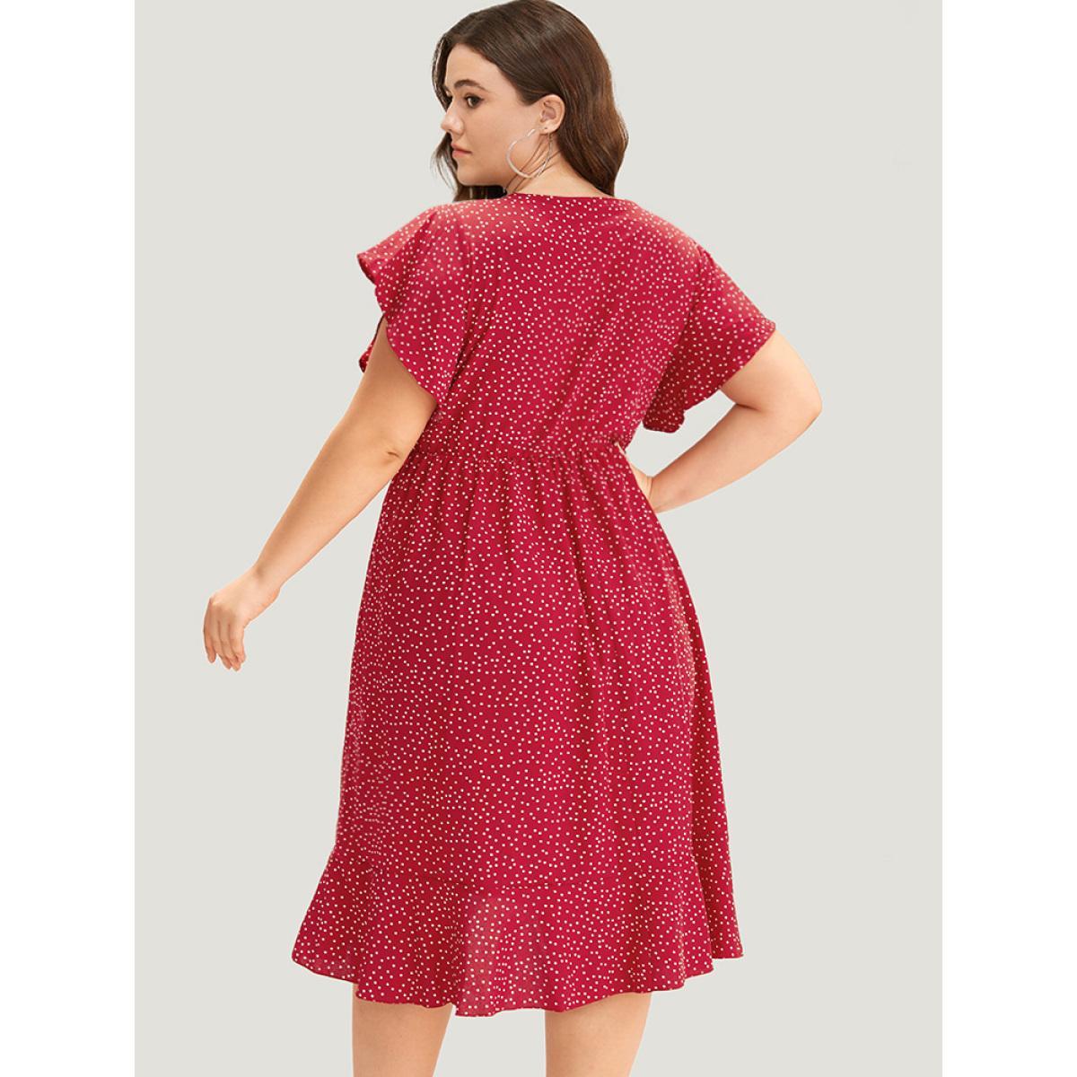 Plus Size Polka Dot Ruffles Wrap Pocket Asymmetrical Hem Dress Raspberry Women Elegant Wrap V-neck Short sleeve Curvy Knee Dress BloomChic 18-20/2X Product Image