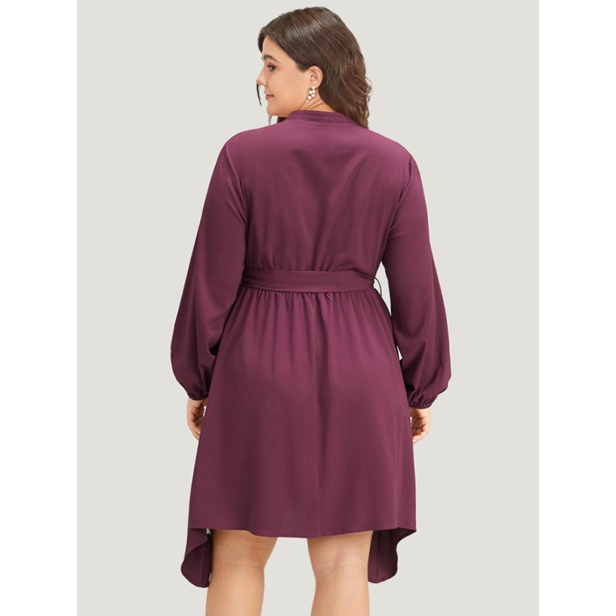 Plus Size Halloween Plain Lantern Sleeve Belted Lace Up Asymmetrical Hem Dress Purple Women Office Elastic cuffs Tie Neck Long Sleeve Curvy Knee Dress BloomChic 12/L Product Image