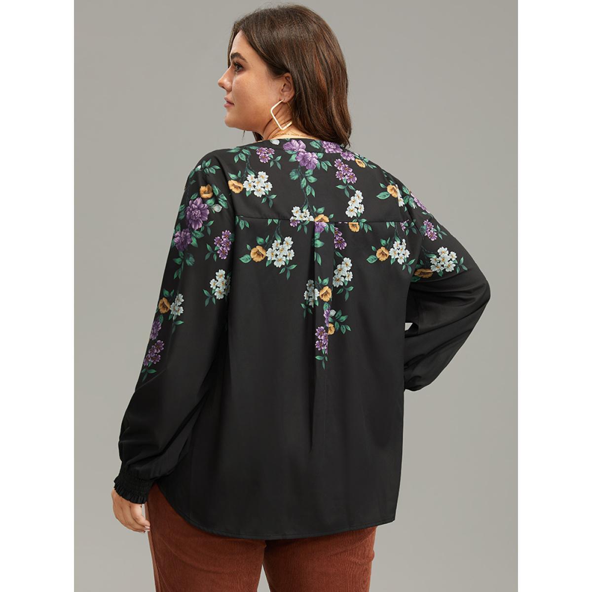Plus Size Black Floral Print Shirred Curved Hem Blouse Women Elegant Long Sleeve V-neck Dailywear Blouses BloomChic 10/M Product Image