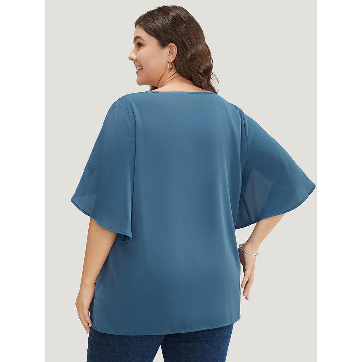 Plus Size Cerulean Solid Half Zipper Split Petal Sleeve Blouse Women Office Half Sleeve V-neck Work Blouses BloomChic 30/6X Product Image