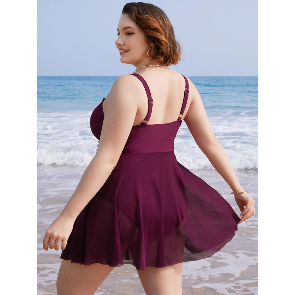 Plus Size Mesh Patchwork Flutter Crossover Sculpt Waist Swim Dress Women's Swimwear RedViolet Vacation Bodycon High stretch Curve Swim Dresses BloomChic 26/4X Product Image