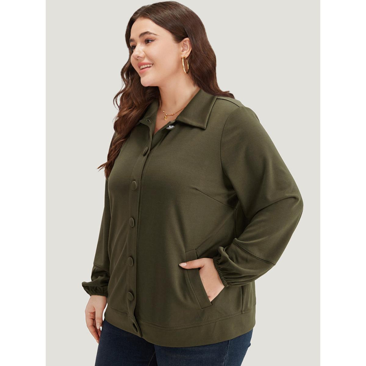 Plus Size Plain Slant Pocket Button Up Elastic Cuffs Jacket Women ArmyGreen Elastic cuffs Pocket Everyday Jackets BloomChic 12/L Product Image