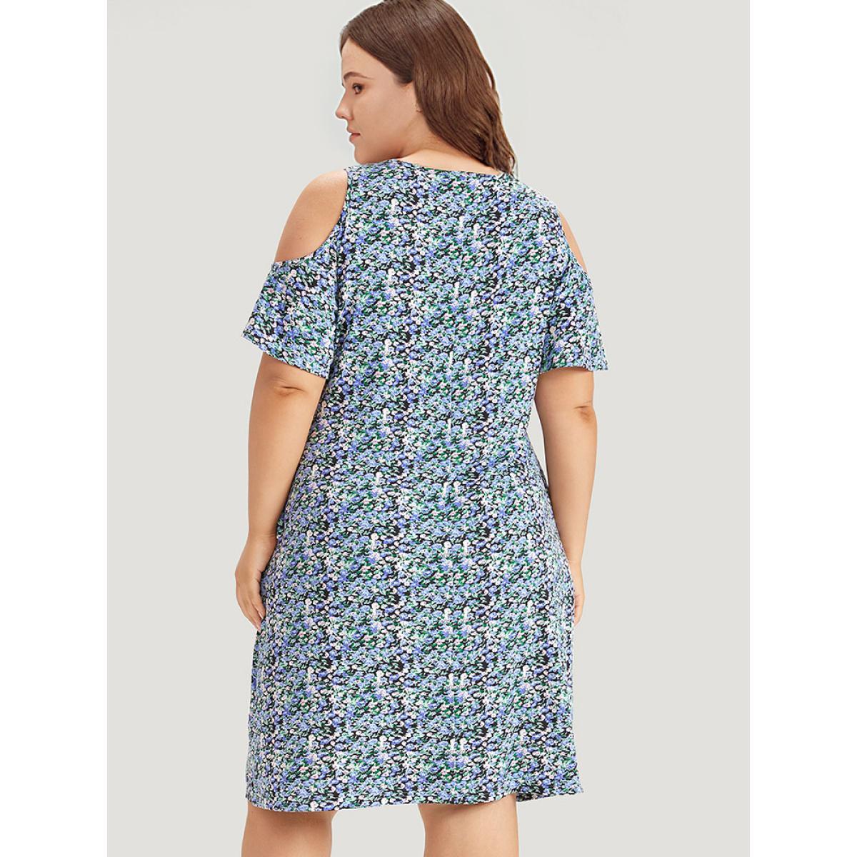 Plus Size Ditsy Floral Pocket Cold Shoulder Dress Blue Women Casual Cut-Out V-neck Short sleeve Curvy Midi Dress BloomChic 22-24/3X Product Image