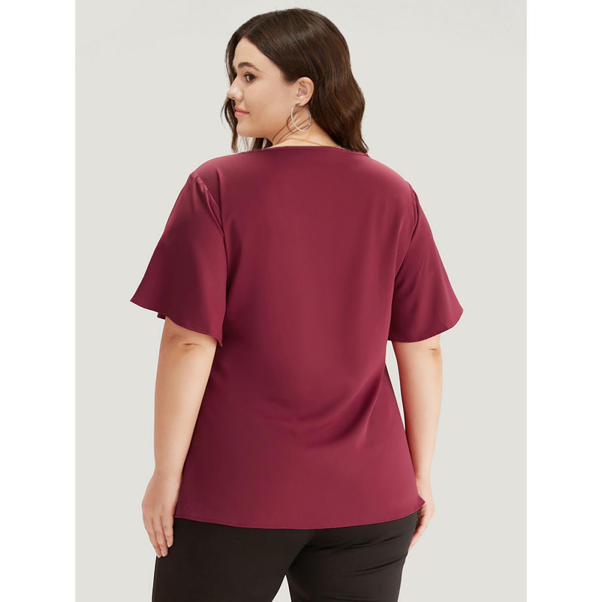 Plus Size Indigo Plain Ruffle Sleeve Cut Out Blouse Women Office Short sleeve Keyhole Cut-Out Work Blouses BloomChic 22-24/3X Product Image