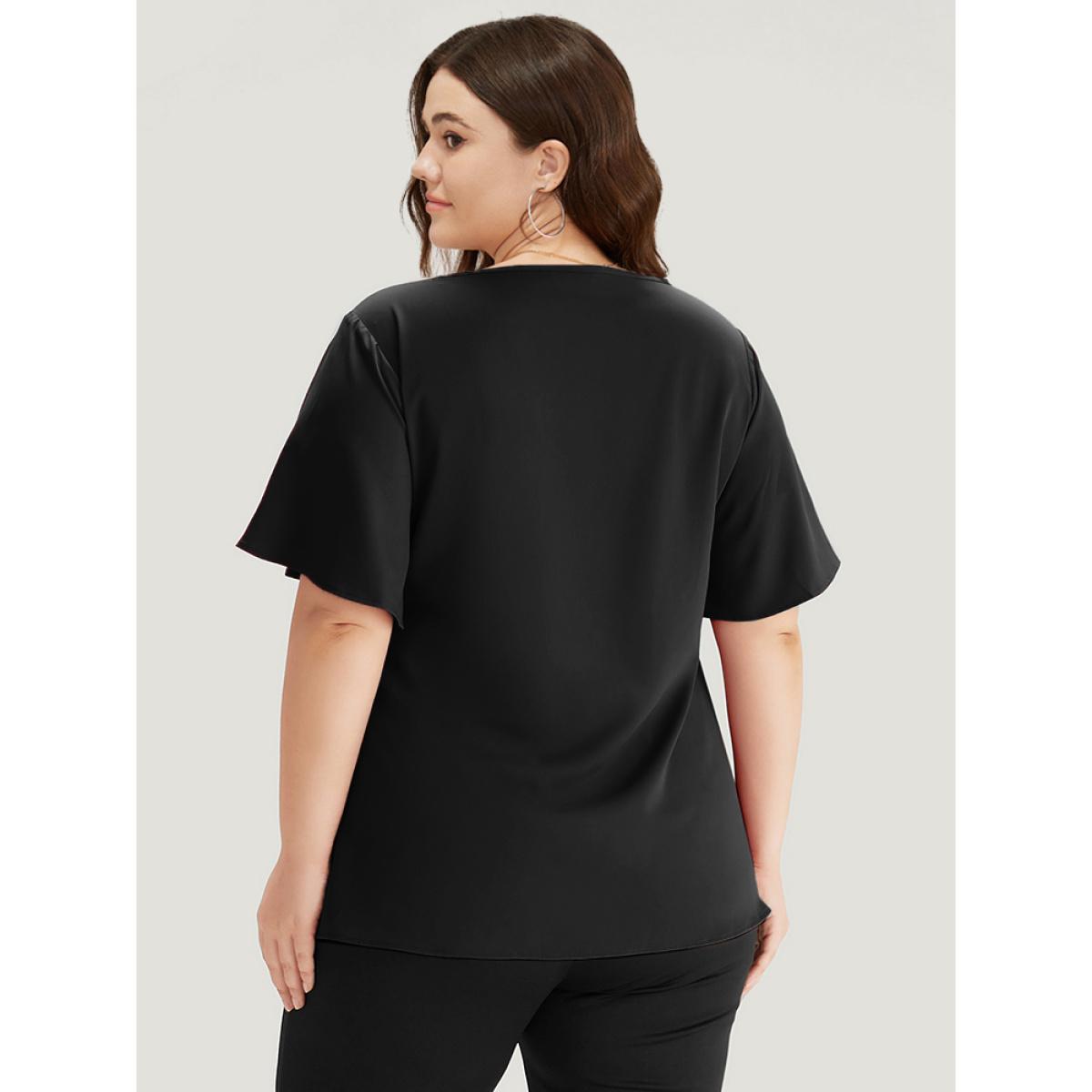 Plus Size Black Plain Ruffle Sleeve Cut Out Blouse Women Office Short sleeve Keyhole Cut-Out Work Blouses BloomChic 12/L Product Image