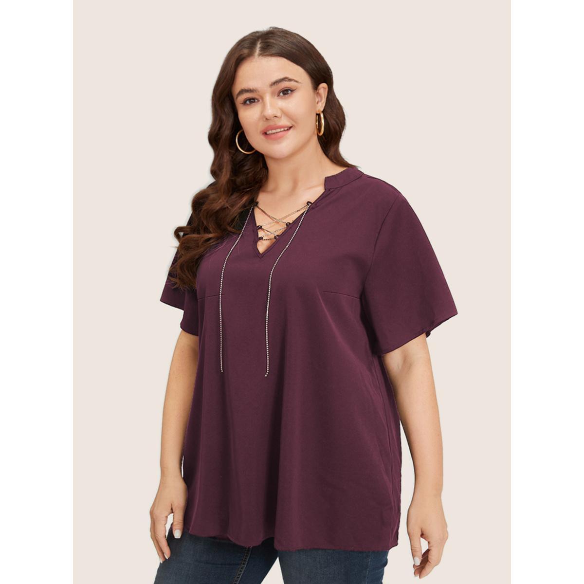 Plus Size Burgundy Solid Crisscross Notched Metal Decor Blouse Women Office Short sleeve Notched collar Work Blouses BloomChic 22-24/3X Product Image