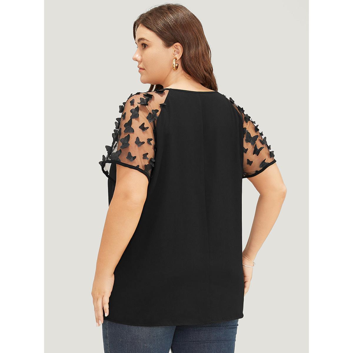 Plus Size Black Plain Butterfly Appliques Mesh Raglan Sleeve Blouse Women Party Short sleeve Round Neck Dailywear Blouses BloomChic 30/6X Product Image