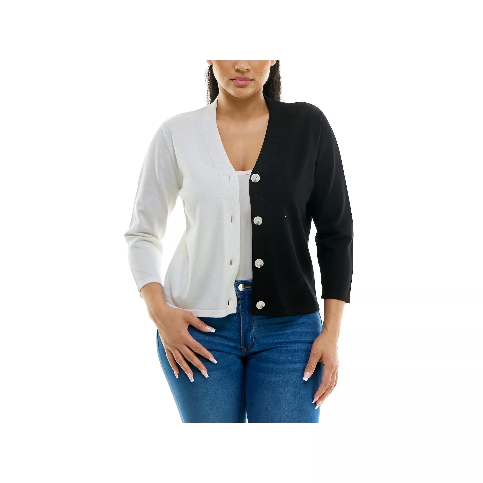 Women's Nina Leonard Colorblock Sweater, Size: Large, Ivory Black Product Image