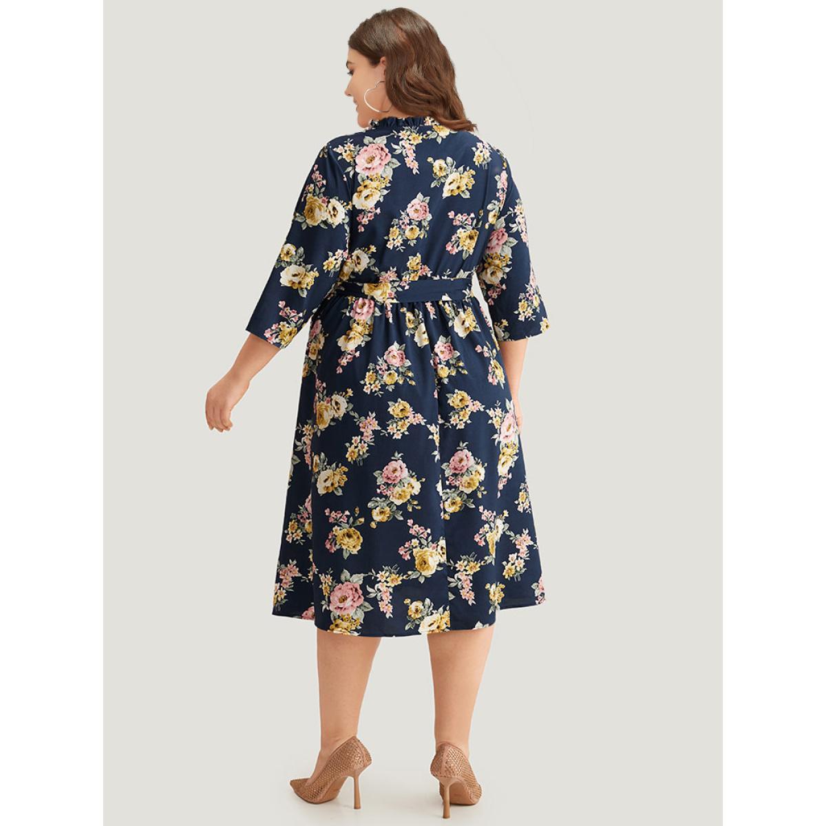 Plus Size Floral Print Frill Trim Belted Pocket Dress Navy Women Office Belted Notched collar Elbow-length sleeve Curvy Midi Dress BloomChic 12/L Product Image