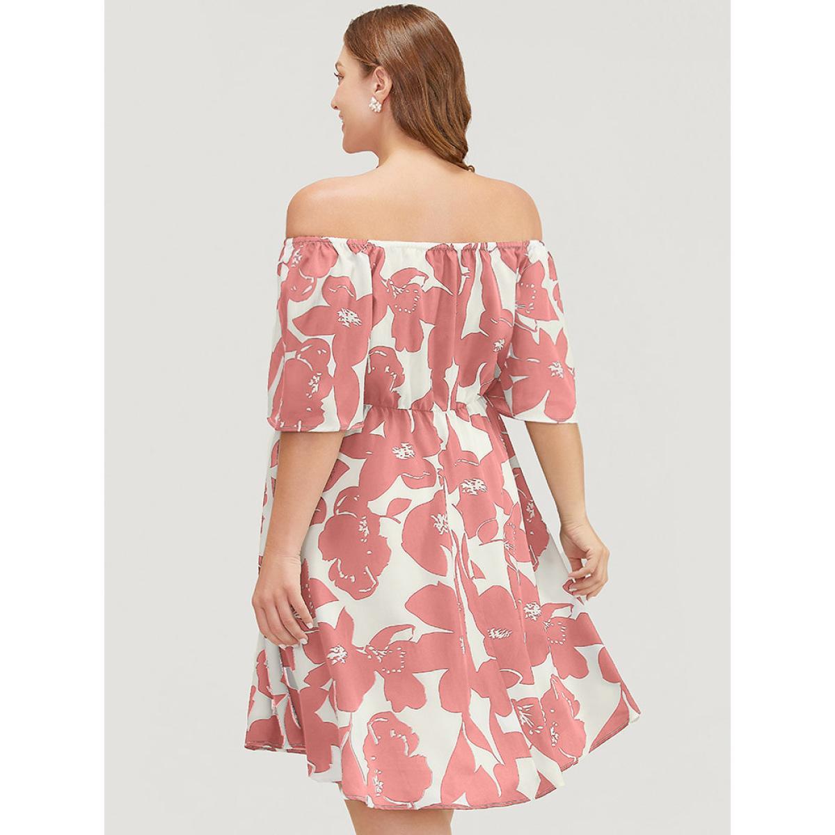 Plus Size Floral Ruffle Sleeve Pocket Off Shoulder Dress Watermelon Women Elegant Pocket One-shoulder neck Short sleeve Curvy Knee Dress BloomChic 30/6X Product Image