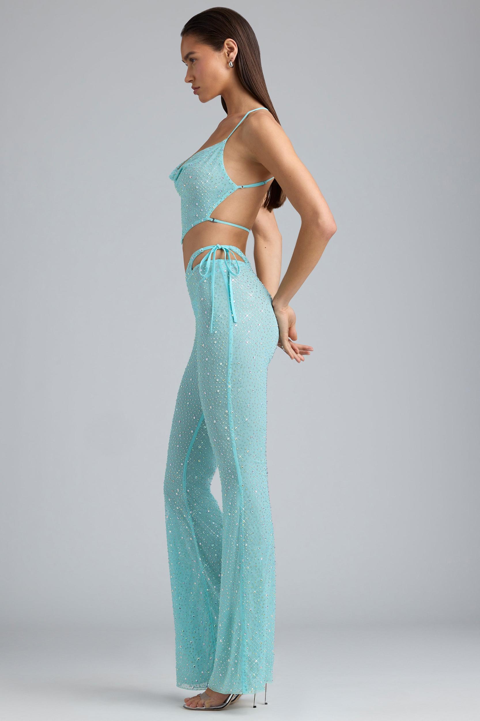 Embellished Cut-Out Flared Trousers in Ice Blue Product Image