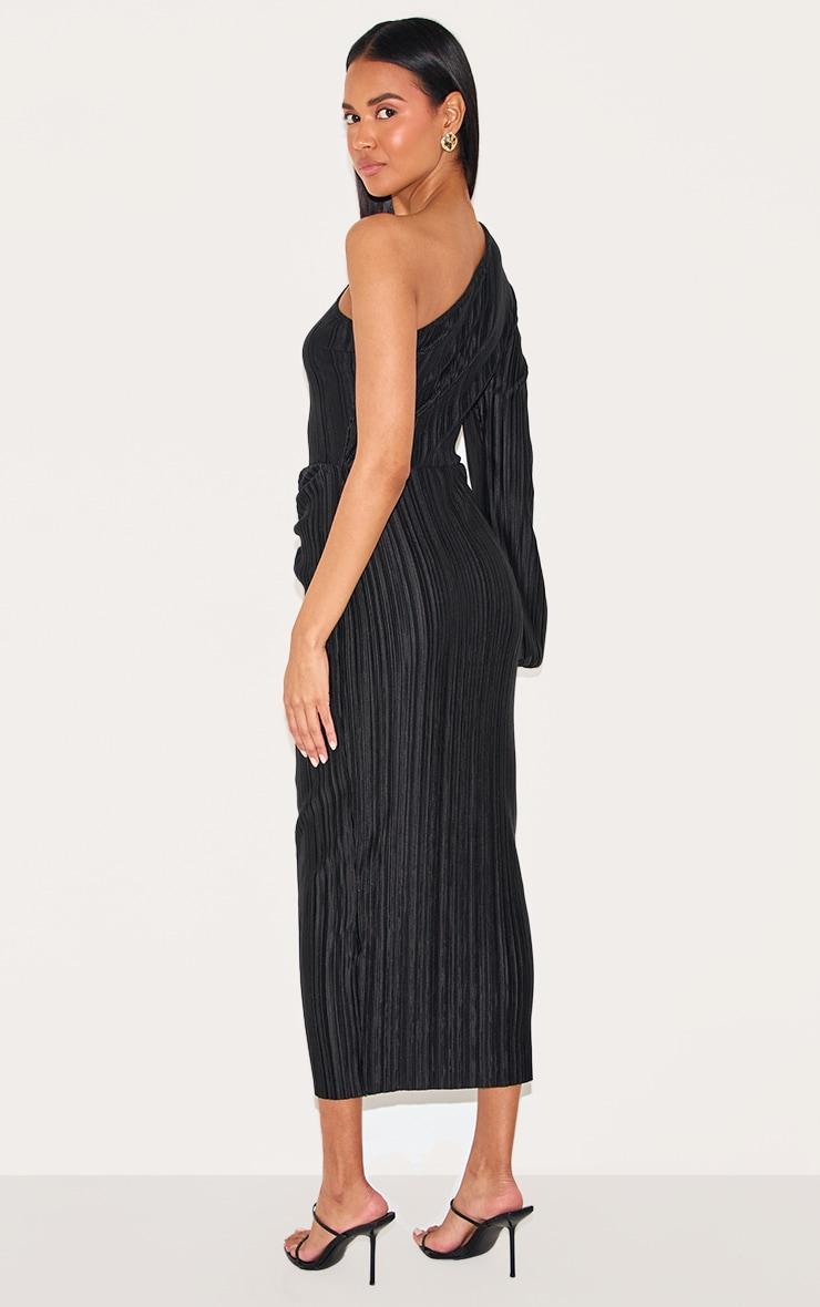 Black Plisse One Shoulder Ruched Midaxi Dress Product Image