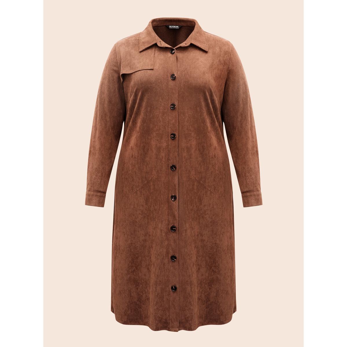 Plus Size Faux Suede Shirt Collar Midi Dress Browncoffeecolor Women Elegant Texture Shirt collar Long Sleeve Curvy BloomChic 12/L Product Image