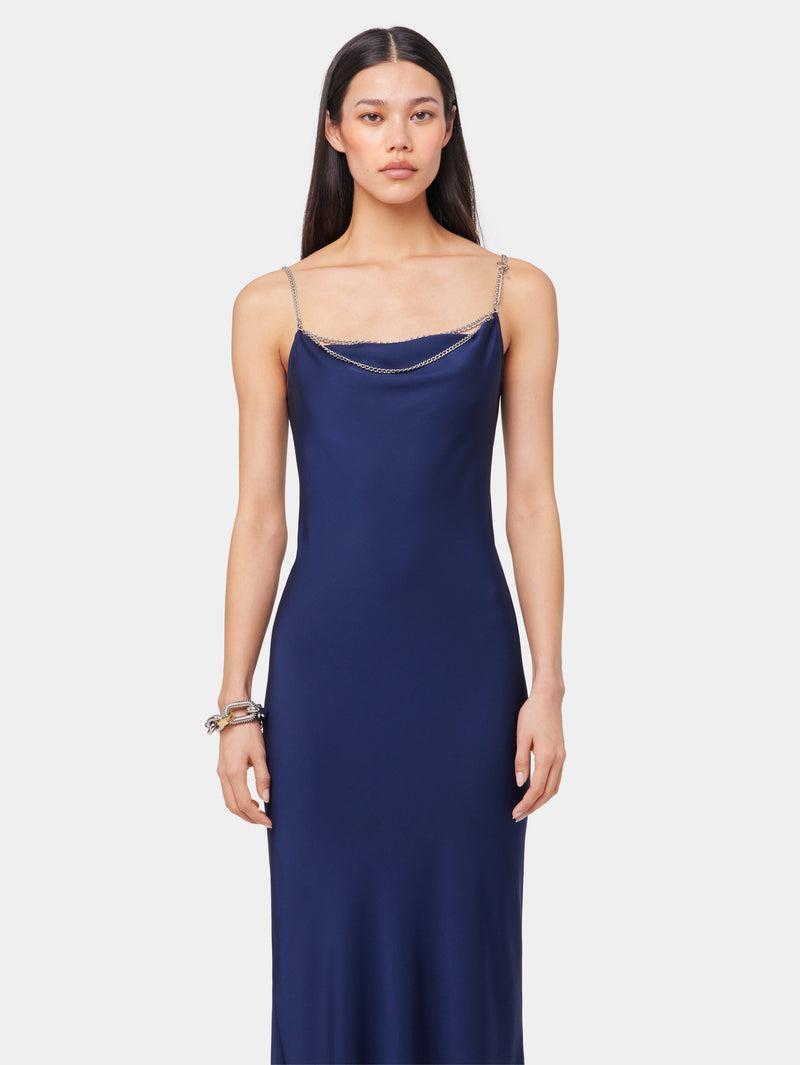 BLUE NAVY LONG SLEEVELESS DRESS IN SATIN Product Image