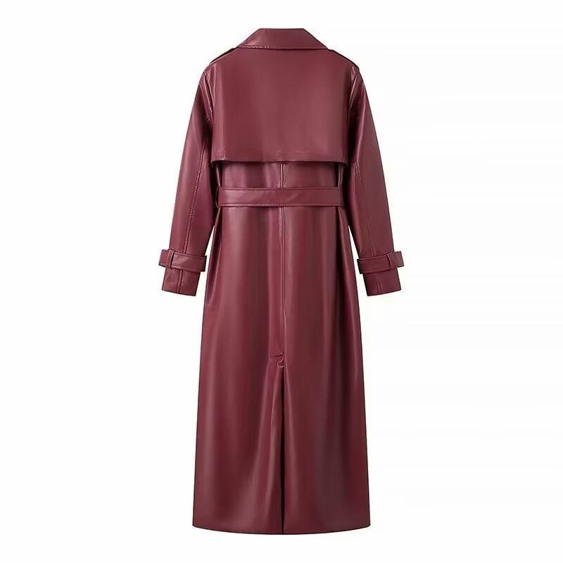 Lapel Collar Plain Faux Leather Midi Single-Breasted Trench Coat Product Image