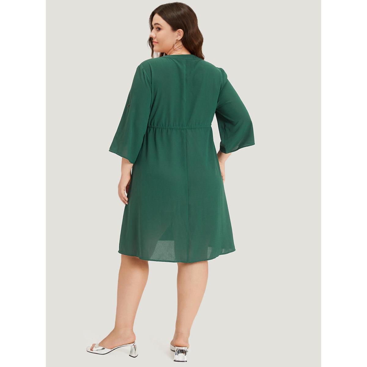 Plus Size Plain Drawstring Pocket Zipper Notched Gathered Tab Sleeve Dress Green Women Office Zipper Notched collar Half Sleeve Curvy Knee Dress BloomChic 22-24/3X Product Image